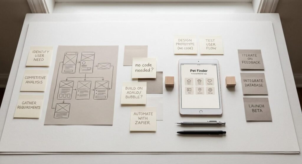 Product development workflow showing wireframes and no-code app planning for AI-generated software